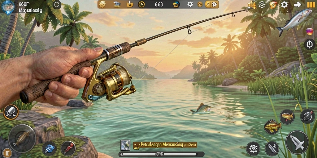 Tampilan gameplay yang menarik dari 666F saat menangkap ikan.