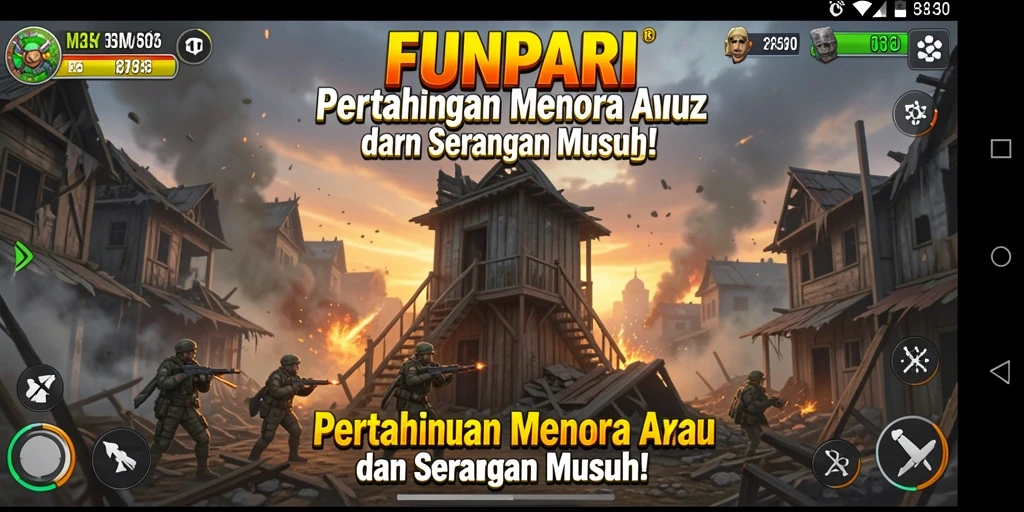 Tangkapan layar utama FUNPARI menunjukkan pertempuran menara yang mendebarkan.