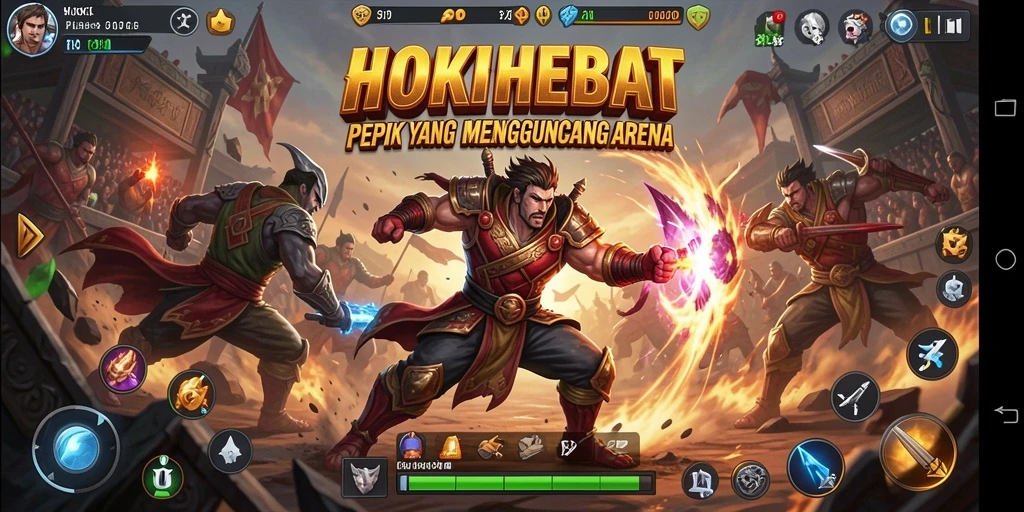 Screenshot menunjukkan aksi pertarungan seru dalam HOKIHEBAT.