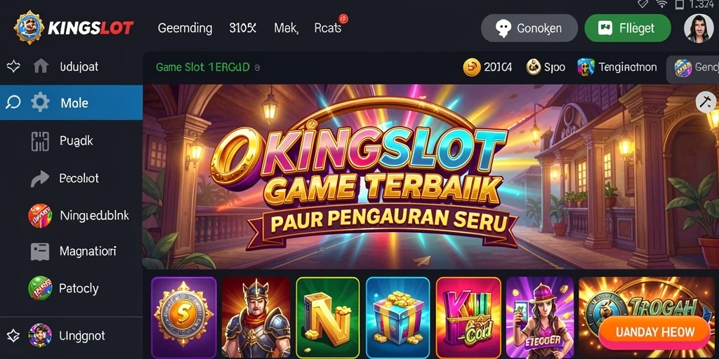 Screenshot gameplay utama KINGSLOT menampilkan gulungan slot yang penuh warna.