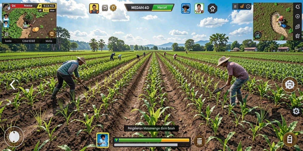 Screenshot utama MEDAN4D menampilkan pemain yang sedang bertani di ladang hijau.
