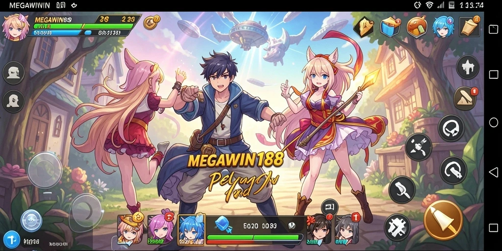 Tampilan gameplay MEGAWIN188 yang penuh warna dan karakter anime.