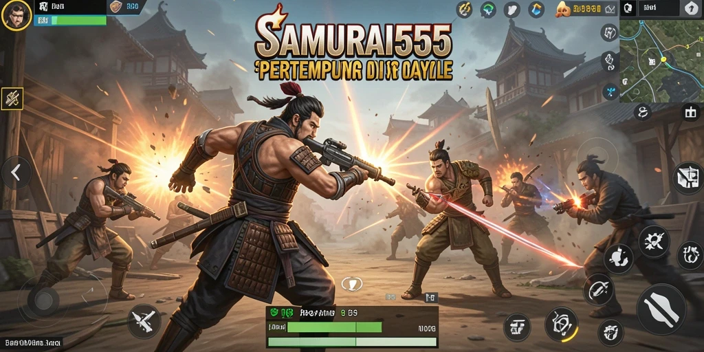 Tangkapan layar utama SAMURAI555 menunjukkan aksi seru dalam pertempuran Battle Royale.